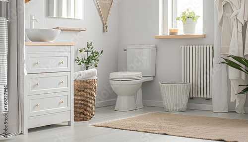 Interior of light bathroom with drawers  toilet bowl and laundry basket