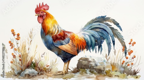Rooster illustration in watercolor. Farm animals. Domestic pets. Wildlife. © Avve Diana