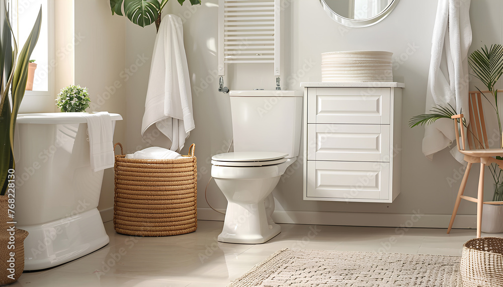 Interior of light bathroom with drawers, toilet bowl and laundry basket Interior of light bathroom with drawers, toilet bowl and laundry basket