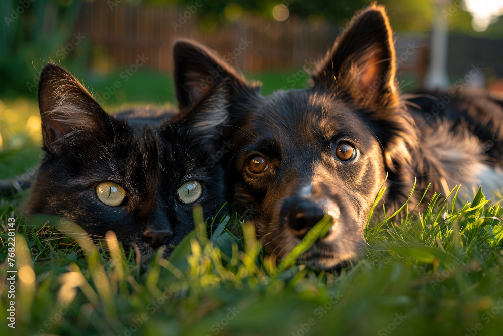 A black cat and a black dog are laying on the grass together