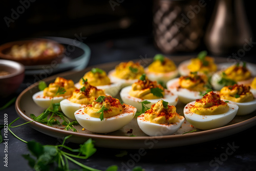 Wallpaper Mural Deviled Eggs, Creamy, tangy appetizers with yolks, paprika, and a savory filling. Generated AI Torontodigital.ca