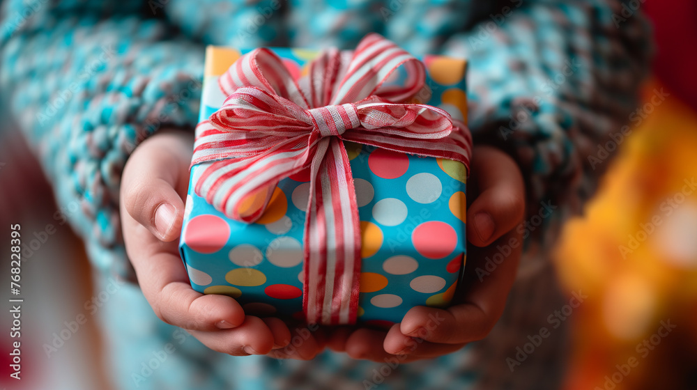 Close-up of kid hands holding color wrapping box with a gift