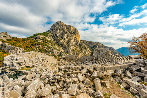 Termessos ancient city the amphitheatre. Termessos is one of Antalya -Turkey's most outstanding archaeological sites. Despite the long siege, Alexander the Great could not capture the ancient city. photo