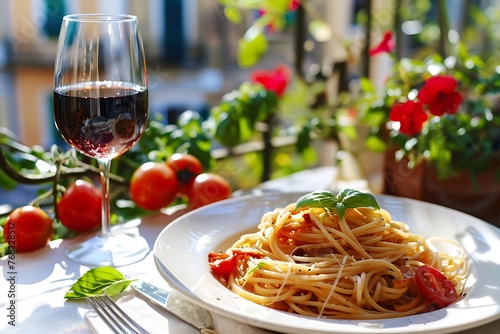 Italian pasta with tomatoes and basil, served with red wine on a terrace