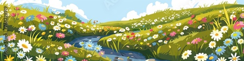 river in a flower field.