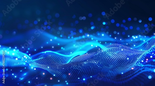 Abstract blue background with interweaving of colored dots and lines, Wave of dots and weave lines. Abstract background. Network connection structure.