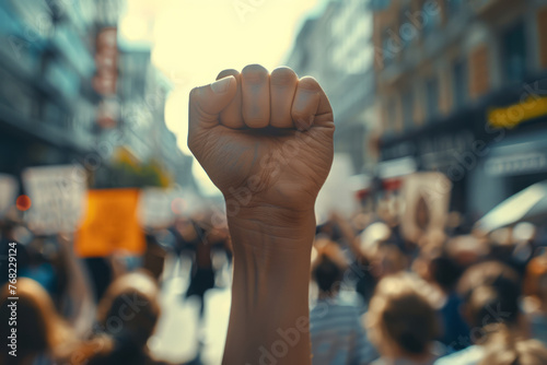 Close up of a fist raised in the air at an outdoor political protest © ink drop