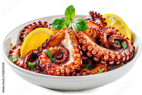 Grilled octopus leg in plate isolated on white background photo