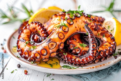 Grilled octopus leg in plate on wooden table