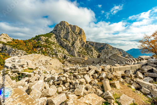 Termessos ancient city the amphitheatre. Termessos is one of Antalya -Turkey's most outstanding archaeological sites. Despite the long siege, Alexander the Great could not capture the ancient city. photo