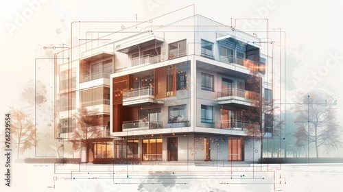 Design concept of a smart building. Engineering of smart building's autonomous control system. Communication design of an apartment house. Architectural drawing, blueprint of its facade.