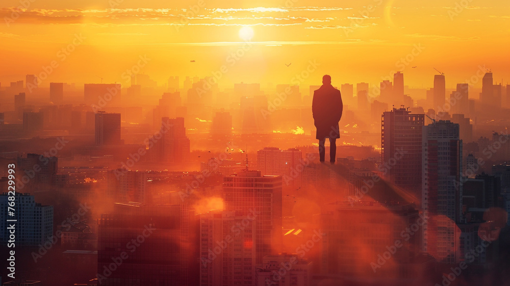 Businessman's silhouette blends with cityscape during sunrise, symbolizing progress. Businessman's silhouette blends with cityscape during sunrise, symbolizing progress.