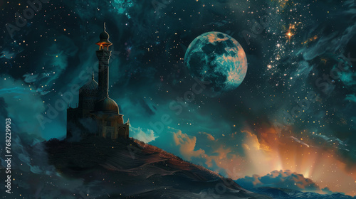 Minaret against a cosmic backdrop with the moon and stars. Surreal Arabic night sky for celebrating Ramadan, Eid al-Fitr, and Eid al-Adha. Design for festive wallpaper or spiritual poster