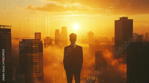 Businessman silhouette blends with sunrise over cityscape, symbolizing modern life.