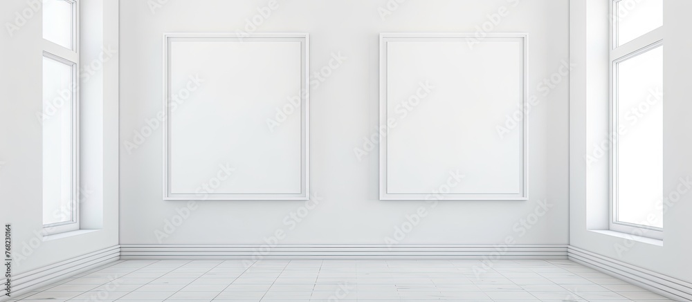 Fototapeta premium A close-up view of a room with two empty white frames hanging on the wall as decoration
