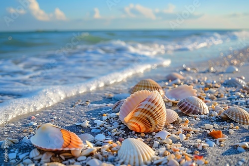 Close-up of seashells on the sandy beach with blurred ocean in the background