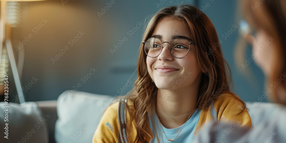 Smiling Teenage brunette Girl sits on the couch at a psychologist's appointment. Smiling young girl enjoying a conversation.  - obrazy, fototapety, plakaty 