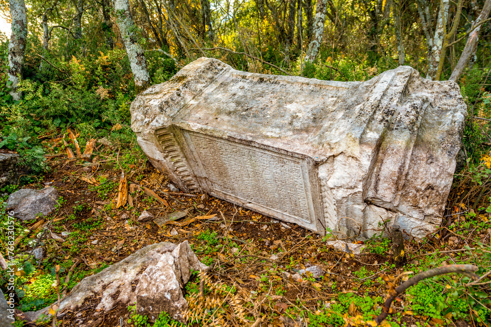 Obraz premium Termessos ancient city the amphitheatre. Termessos is one of Antalya -Turkey's most outstanding archaeological sites. Despite the long siege, Alexander the Great could not capture the ancient city.