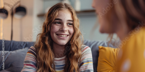 Smiling Teenage Girl sits on the couch at a psychologist's appointment. Smiling young girl enjoying a conversation.  © dinastya