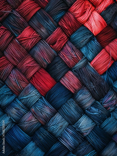 A collection of yarn in vibrant red, blue, and black colors, neatly arranged in a bunch