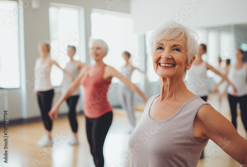 Active Seniors: Joyful Yoga Class with Smiling Mature Woman