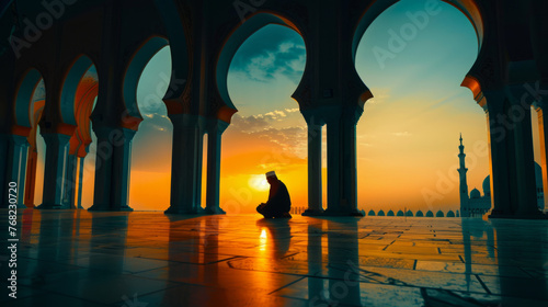 Arabic background. A lonely figure praying at dawn, the arches of the mosque overlooking the sunset sky. The concept of Muslim traditions. Ramadan, Eid al-Fitr (Eid al-Adha) and Eid al-Fitr