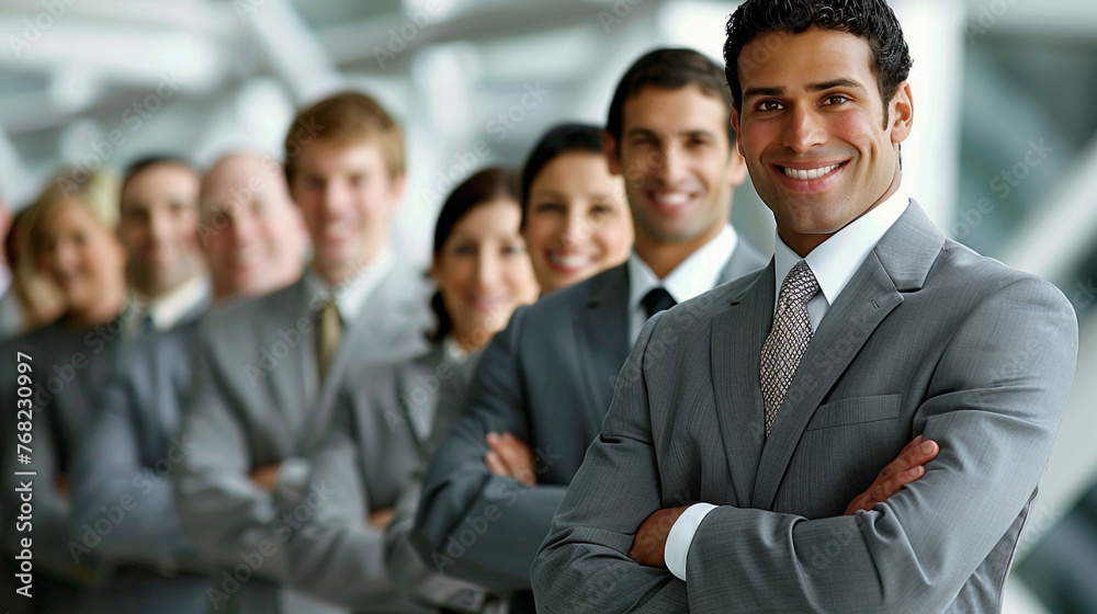 Group of professionals in gray suits smiling with folded hands. Group of professionals in gray suits smiling with folded hands.