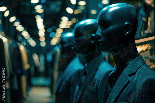 Male mannequins wearing business suit on showcase in store
