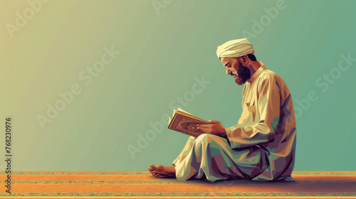 A man in traditional clothes reads the Koran on a carpet. Studio photo with a side view on a turquoise background. The concept of religious and spiritual education. Design of educational materials, po