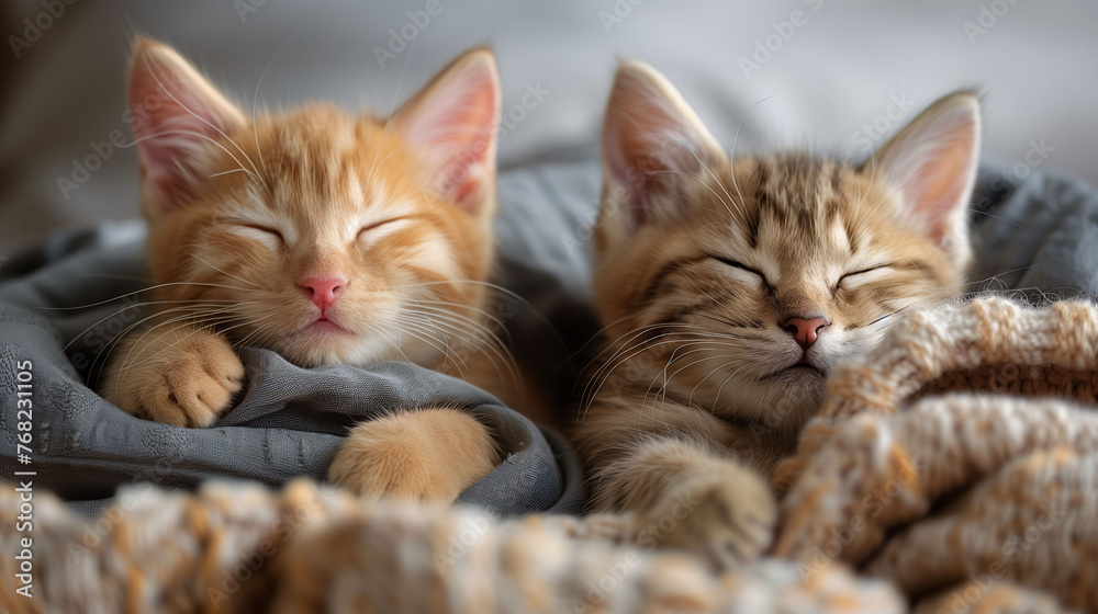 Two adorable ginger kittens sleeping peacefully side by side in a cozy blanket.