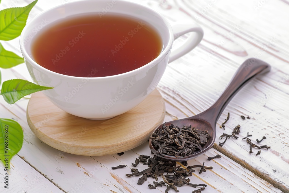 White cup of aromatic tea on wooden table White cup of aromatic tea on wooden table