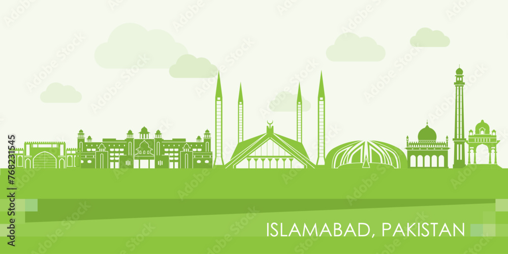 Green Skyline panorama of city of Islamabad, Pakistan - vector illustration