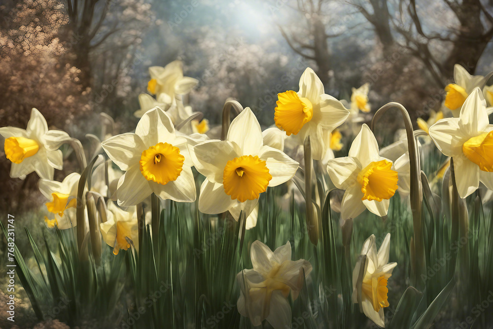 Obraz premium Daffodils blooming. Daffodil flowers bloom at sunset. Ancient flower alley. AI generated