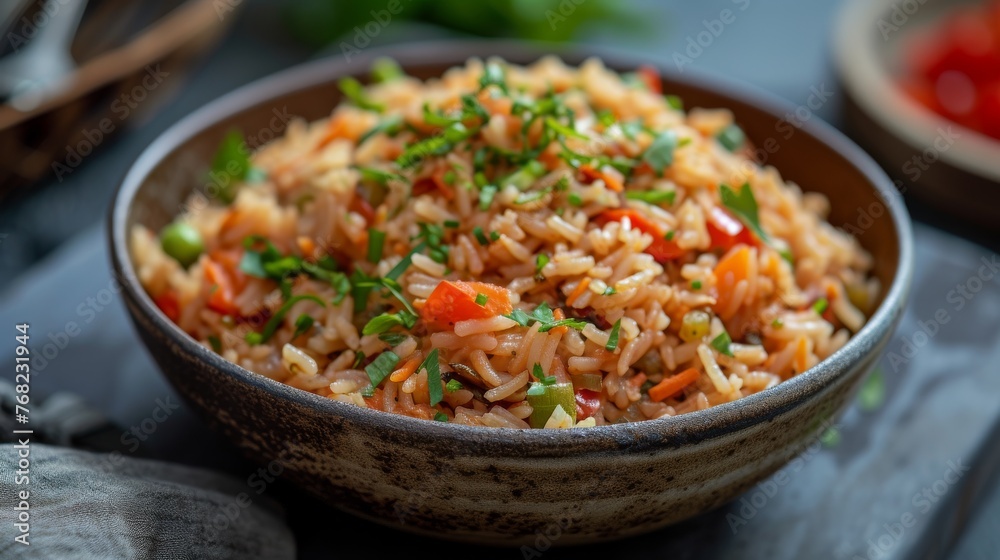 Fried rice with vegetables in a bowl on a wooden background Fried rice with vegetables in a bowl on a wooden background