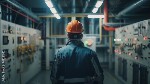 Engineer working in the control room of a power plant. Industrial background