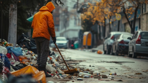 Homeless man cleaning street from garbage with broom in the city