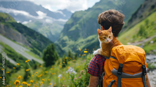 An orange and white cat sits on the shoulder of a person with a yellow backpack, overlooking a lush mountainous landscape. photo