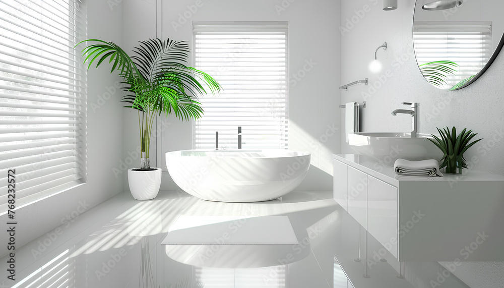 Interior of light bathroom with counters, sink and mirror Interior of light bathroom with counters, sink and mirror