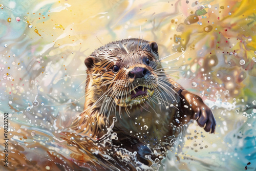 A realistic painting of an otter gracefully swimming in clear water, displaying playful movements