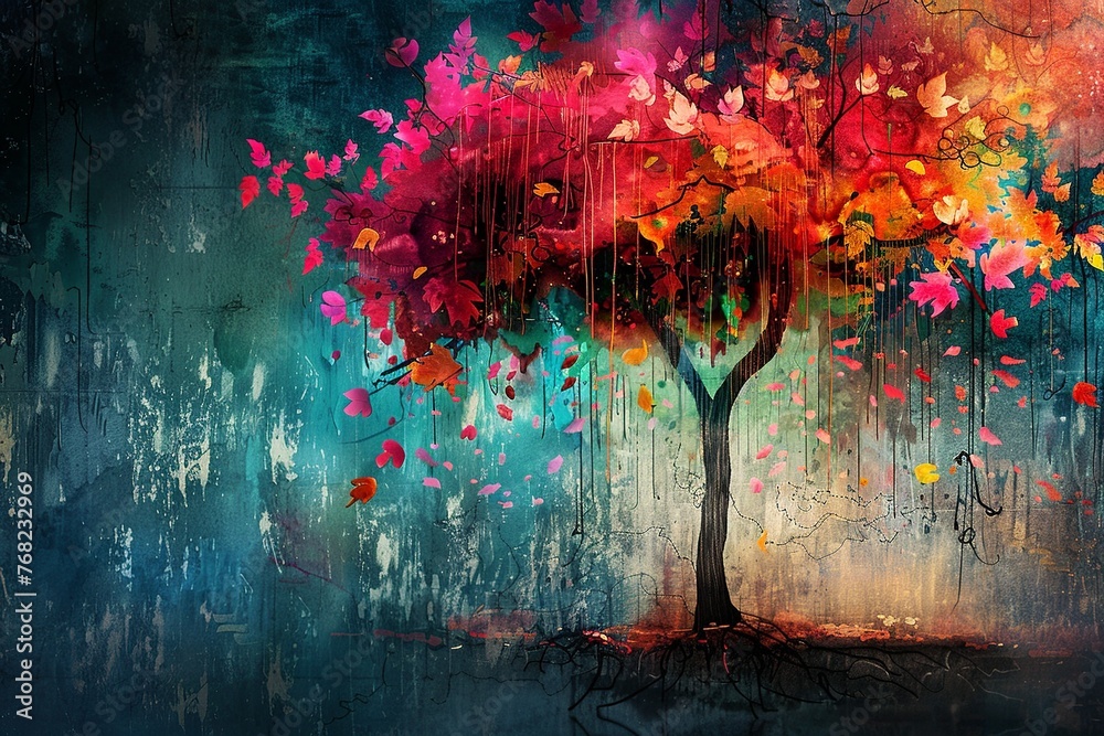 Immerse yourself in a mesmerizing background showcasing a tree embellished with vibrant leaves hanging from its branches in a colorful display - obrazy, fototapety, plakaty 