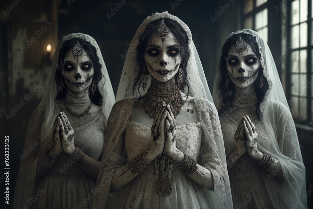 Three frightening ghost brides from ancient times pray. 
