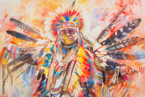 A painting depicting a Native American man proudly wearing a traditional feathered headdress