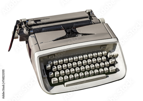 Retro rusty grey typewriter with paper sheet isolated on white background