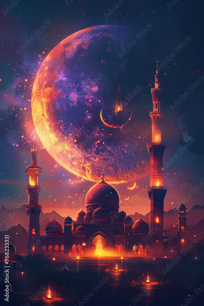 Cosmic backdrop with a grand mosque under a luminous moon, a fusion of tradition and fantasy