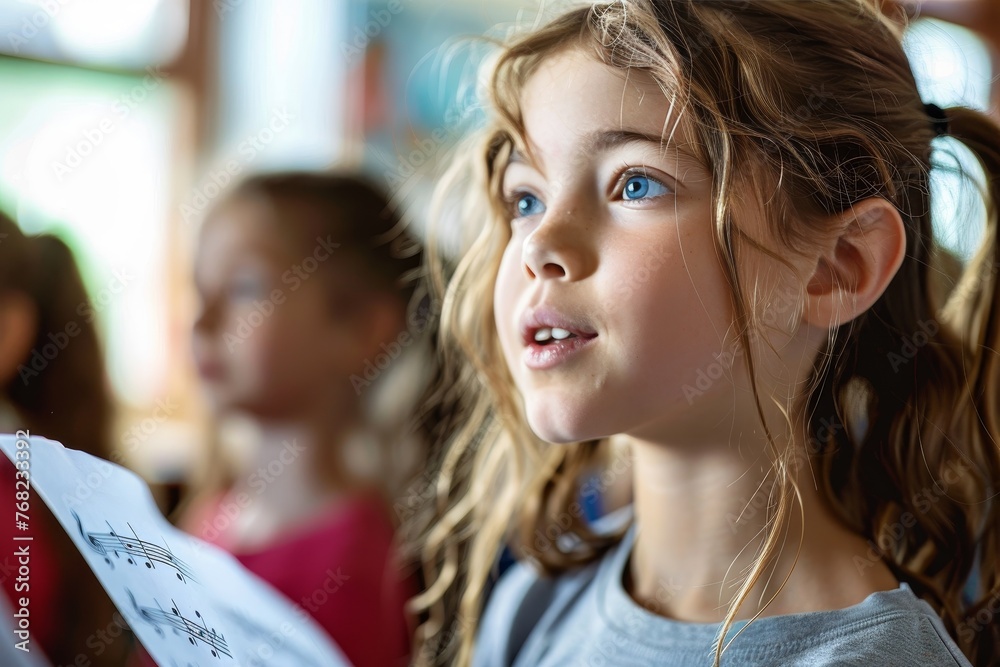 Fototapeta premium A young girl practices reading music during a class, concentrating on the musical score in her hands