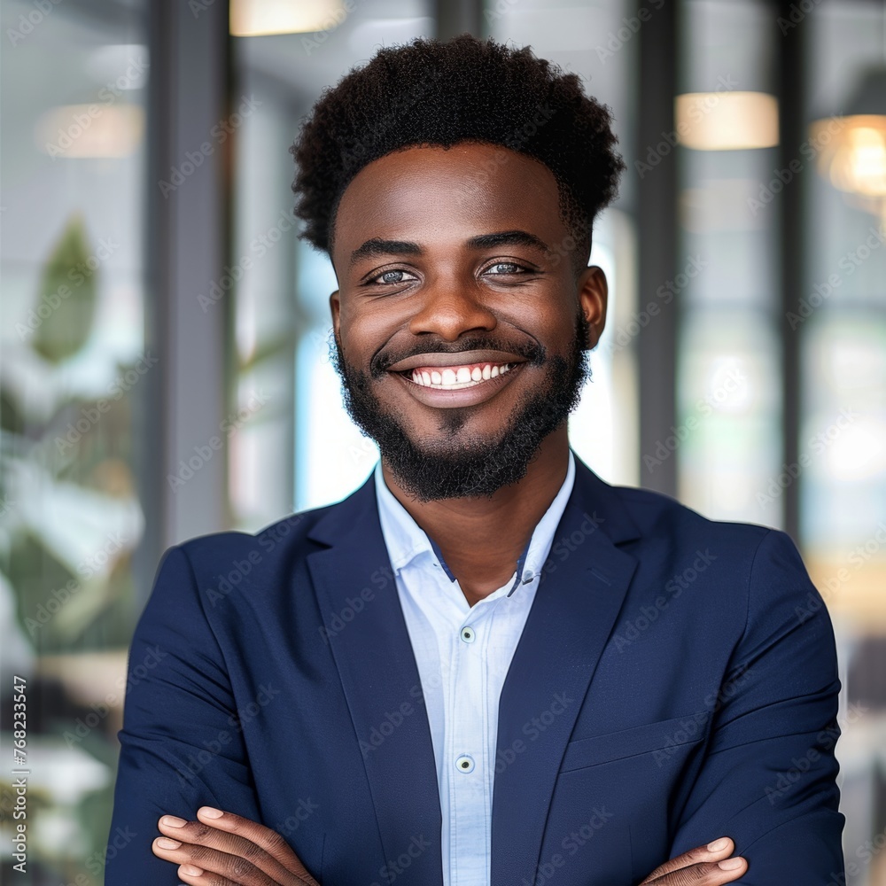 Smiling African American businessman 20-30 years old, active business man against the background of his office Smiling African American businessman 20-30 years old, active business man against the background of his office