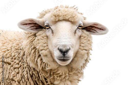 Close-up of a sheep isolated on white background. Agriculture industry and livestock husbandry. Design for banner, poster 