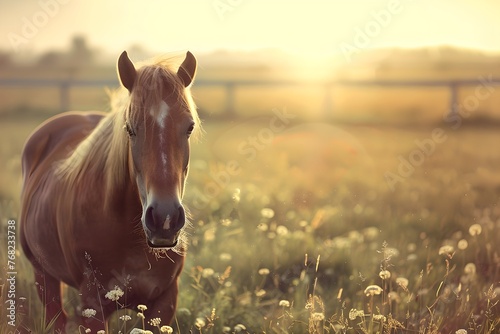Horse standing in a flower field at sunset. Agriculture industry and livestock husbandry. Freedom concept. Design for banner, poster with copy space