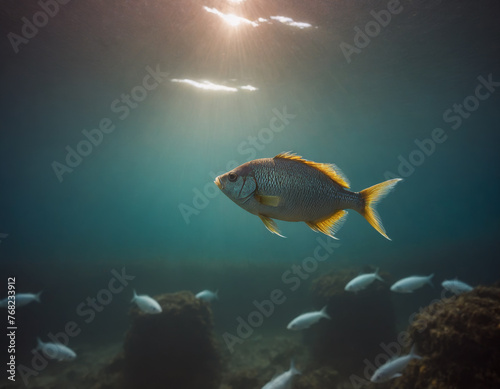 Yellow and Gray Fish Swimming in Sunlit Water