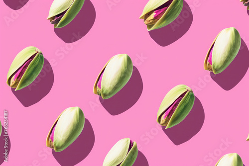 Realistic pistachio pattern with shadow play, minimalist pink backdrop. Ideal for packaging, backgrounds, and food-themed designs